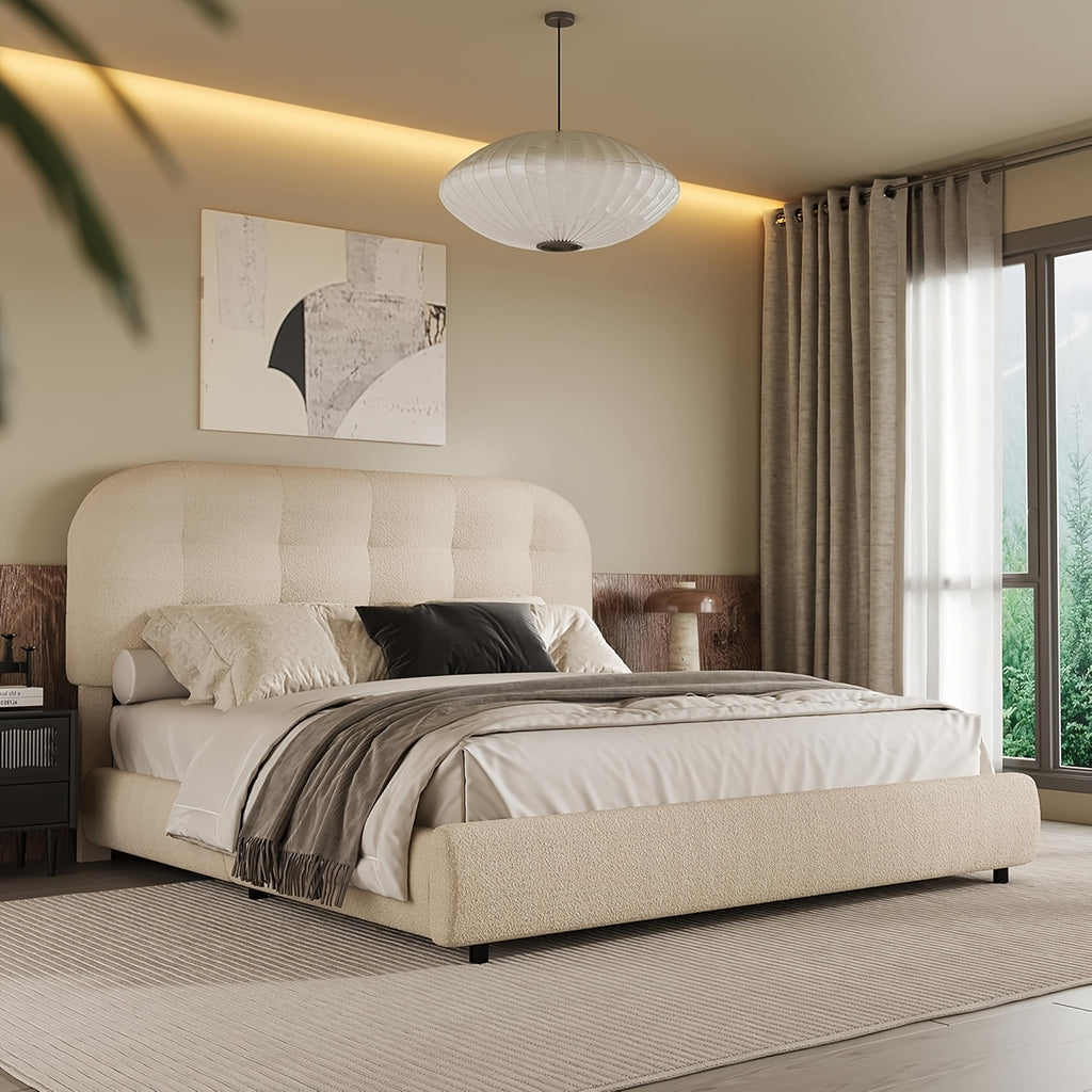 Hombck Twin Full Queen King Size Bed Frame, Upholstered Boucle Bed Frame King Size with Headboard, Soft Cloud Bed Frame with Thickened Footboard, Rounded Corners, No Box Spring Required, Easy Assembly, Cream\u002FWhite