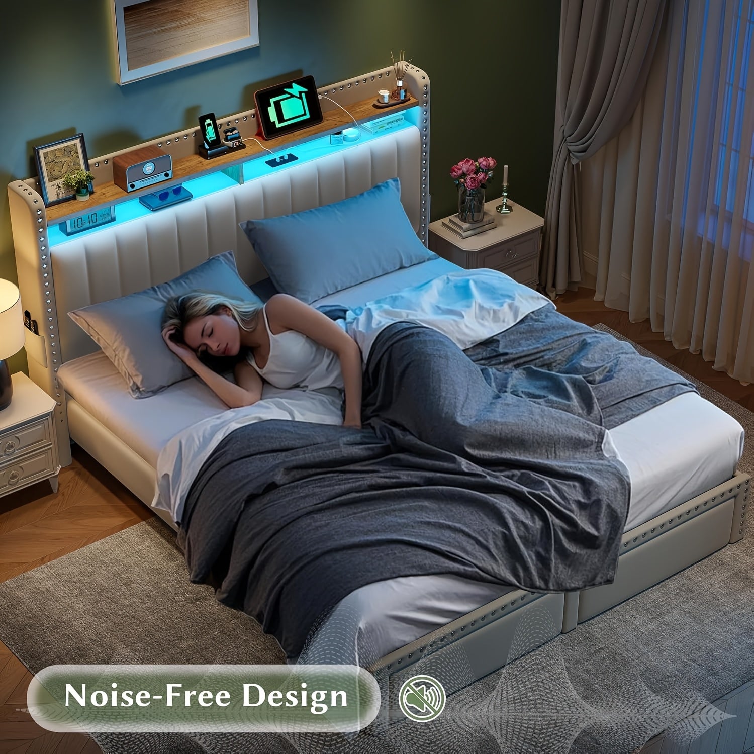 EnHomee Full&Queen&King Size, Bed Frame With 2-Tier Storage Headboard, With Charging Station, LED Light Platform Bed Frame, 2 Storage Drawers For Storing, Sturdy Wooden Slats Support, Noise-Free, No Box Spring Needed, Beige