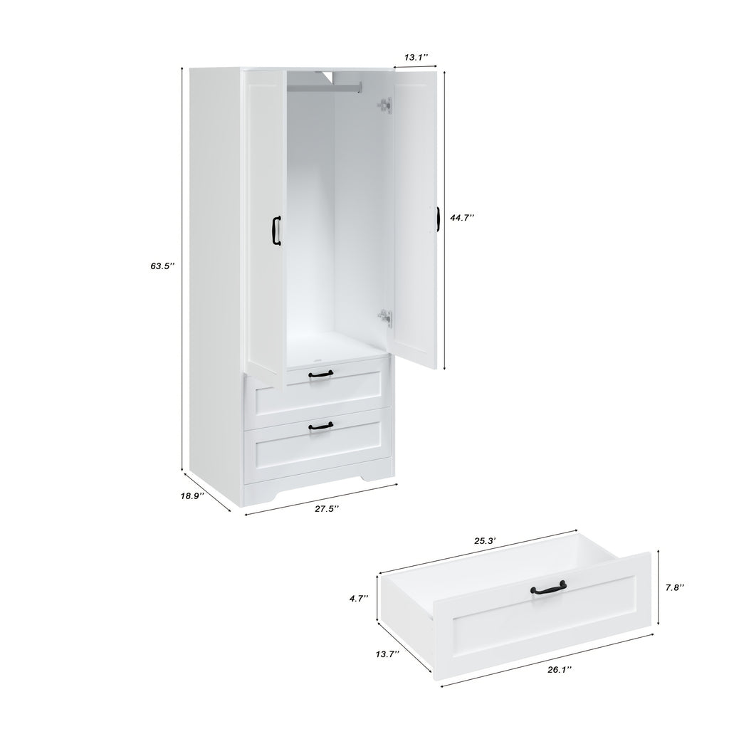 Spacious Contemporary Wardrobe with a Standing Design, Featuring a Clothing Storage Cabinet Equipped with Drawers, Double Doors, And Hangers, Ideal for Bedrooms, Cloakrooms, And Laundry Areas. It Includes 2 Drawers And a Clothes Drying Pole