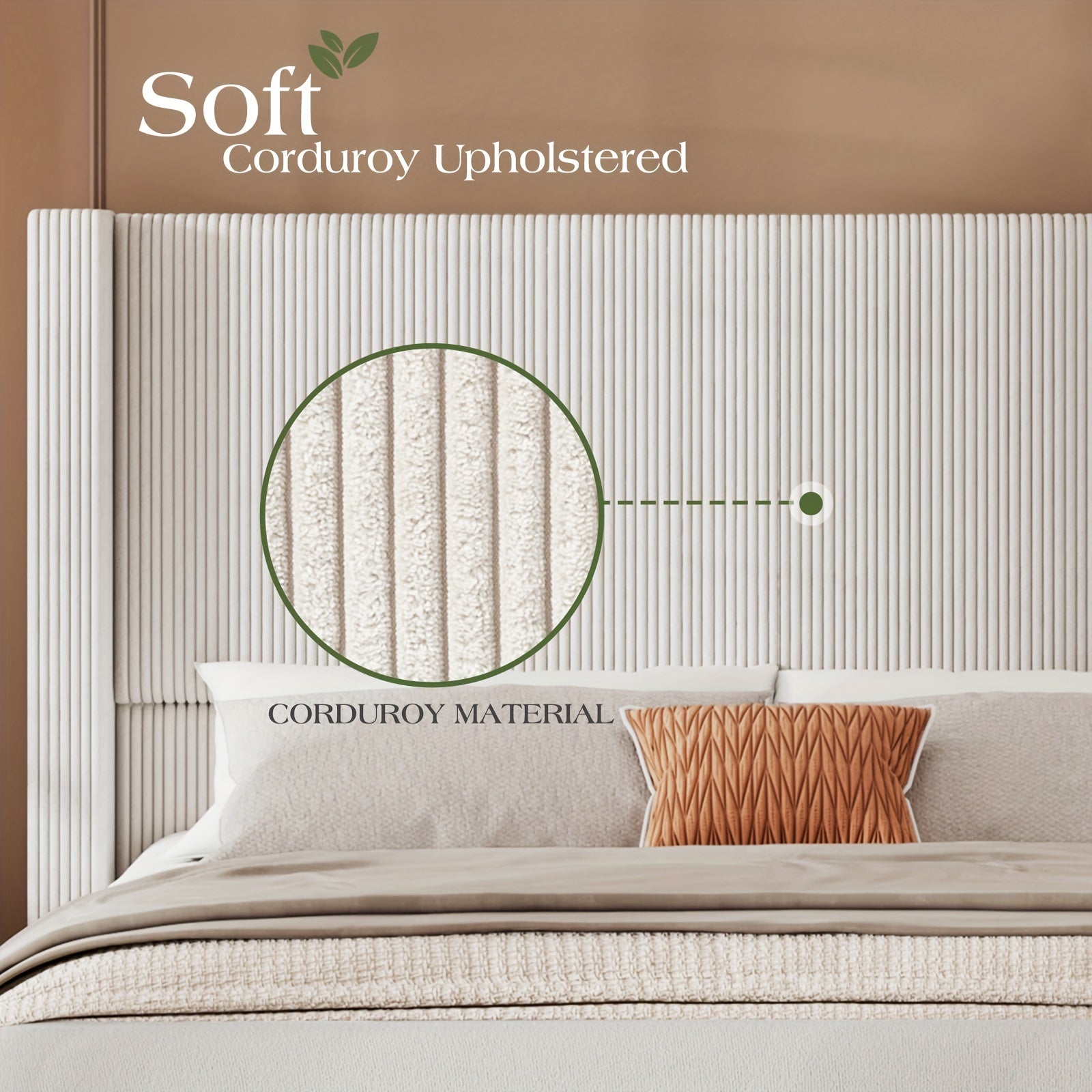 50.8 Inches High Upholstered Wingback Bed Frame - Robust Platform Featuring Solid Wood Legs And Corduroy Fabric, No Box Spring Required