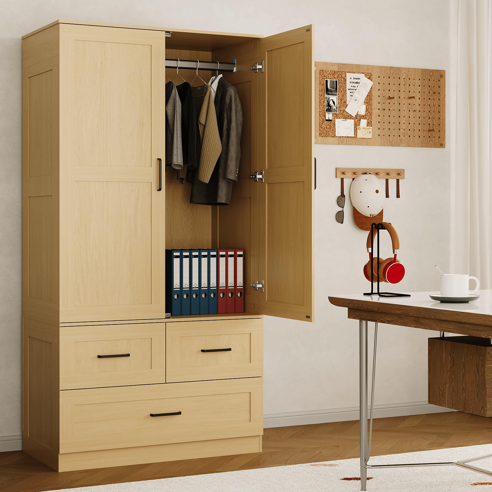 Storage Cabinets, 70-Inch Freestanding Wooden Wardrobe Closet for Bedroom, able Design with Hanging Rod and 3 Deep Storage Drawers for Organized Clothing, Durable Storage Cabinet for Bedroom, Living Room, or Entryway Home Decor Room Decor