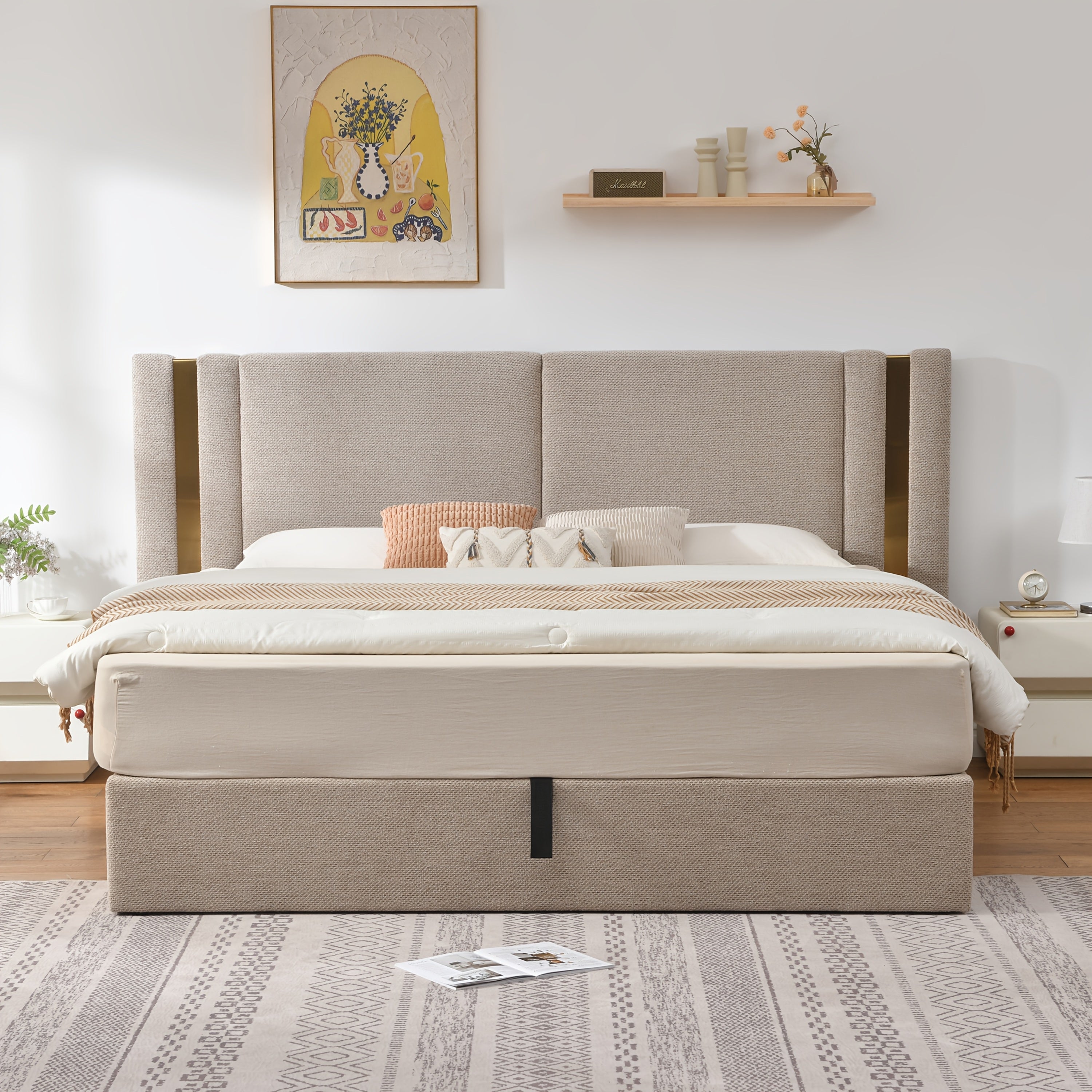 Platform Bed Frame in Queen Or King Size with a Lift-Up Feature for Ample Storage Beneath, Crafted from Wood, Eliminating The Need for a Box Spring, Easy to Assemble, Available in White Or Mink