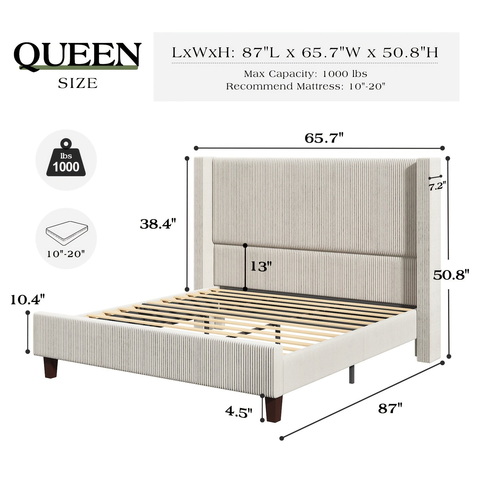 50.8 Inches High Upholstered Wingback Bed Frame - Robust Platform Featuring Solid Wood Legs And Corduroy Fabric, No Box Spring Required