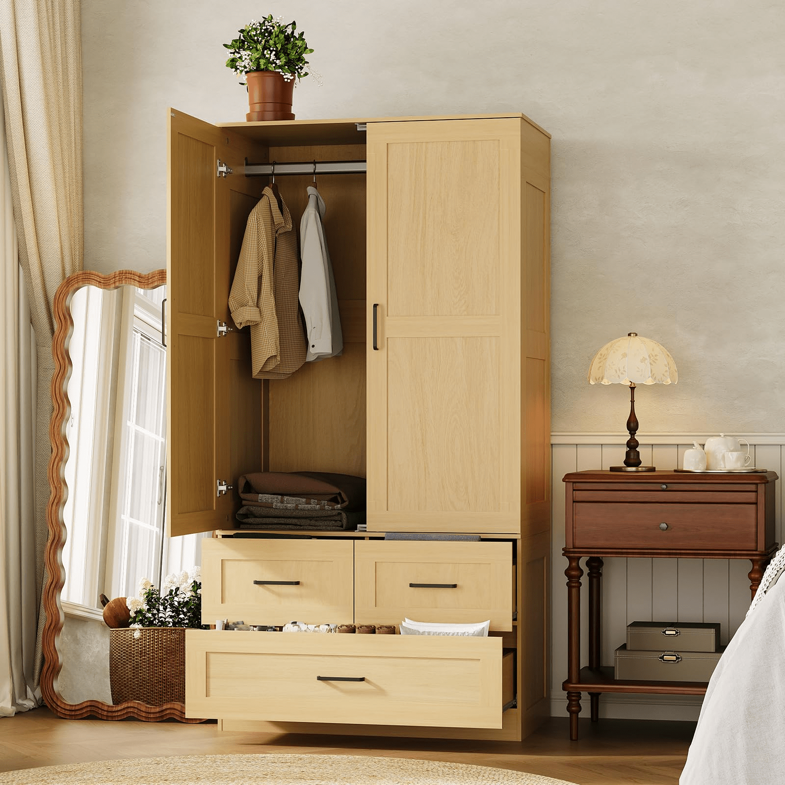 Storage Cabinets, 70-Inch Freestanding Wooden Wardrobe Closet for Bedroom, able Design with Hanging Rod and 3 Deep Storage Drawers for Organized Clothing, Durable Storage Cabinet for Bedroom, Living Room, or Entryway Home Decor Room Decor