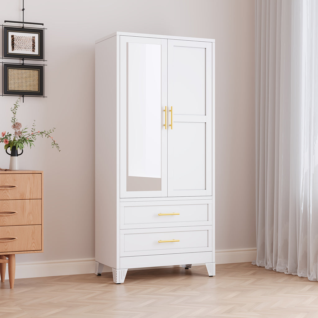 71 Inch Metal Wardrobe with Mirror, 2 Drawers, Adjustable Shelves And Hangers, Clothing Storage Cabinet for Bedroom