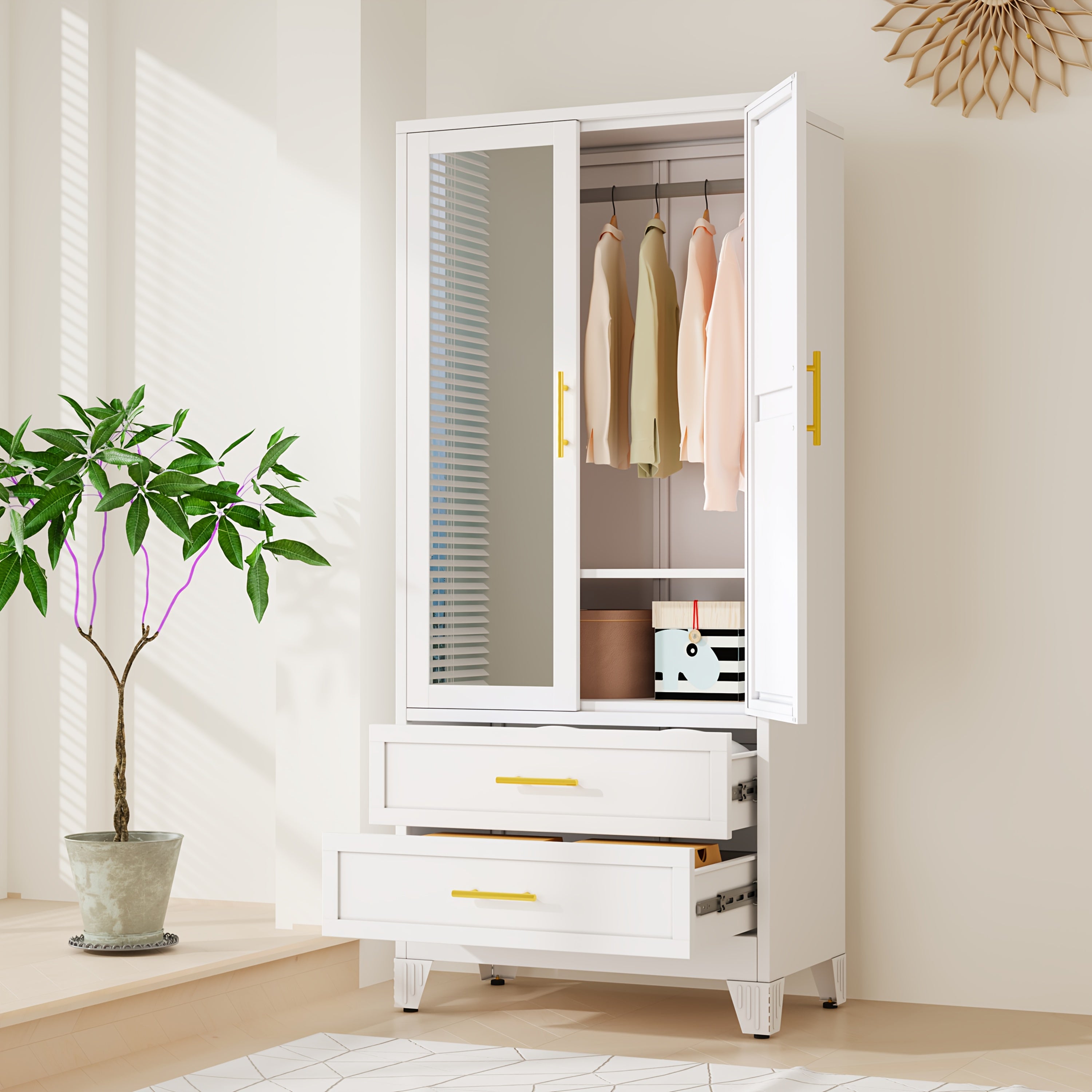 71 Inch Metal Wardrobe with Mirror, 2 Drawers, Adjustable Shelves And Hangers, Clothing Storage Cabinet for Bedroom