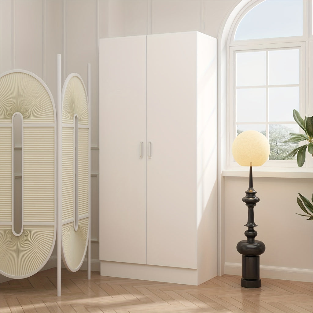 Elegant Wardrobe Armoire Closet with 2 Doors, Freestanding Wardrobe Cabinet with Storage Shelves & Hanging Rod, Bedroom Clothes Cabinet Organizer, White