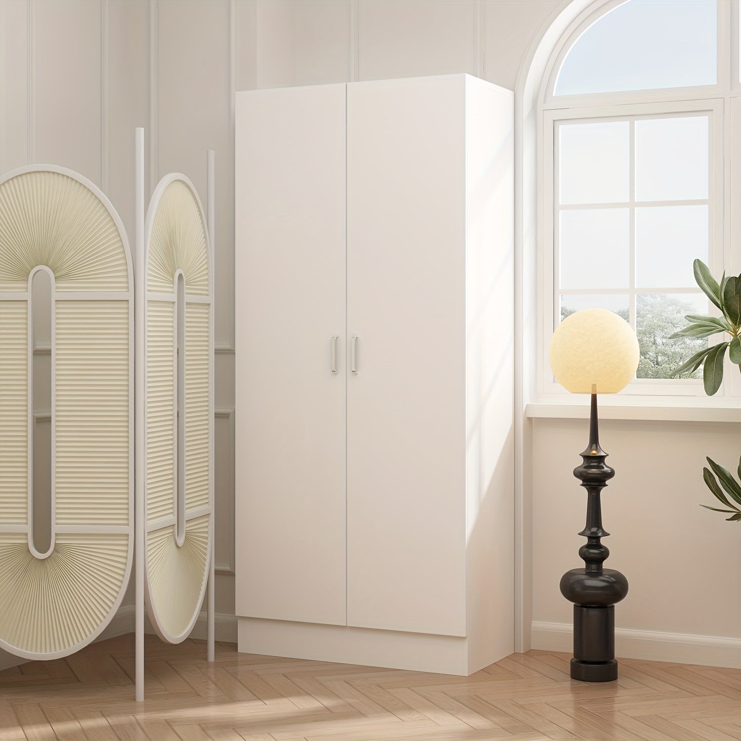 Elegant Wardrobe Armoire Closet with 2 Doors, Freestanding Wardrobe Cabinet with Storage Shelves & Hanging Rod, Bedroom Clothes Cabinet Organizer, White