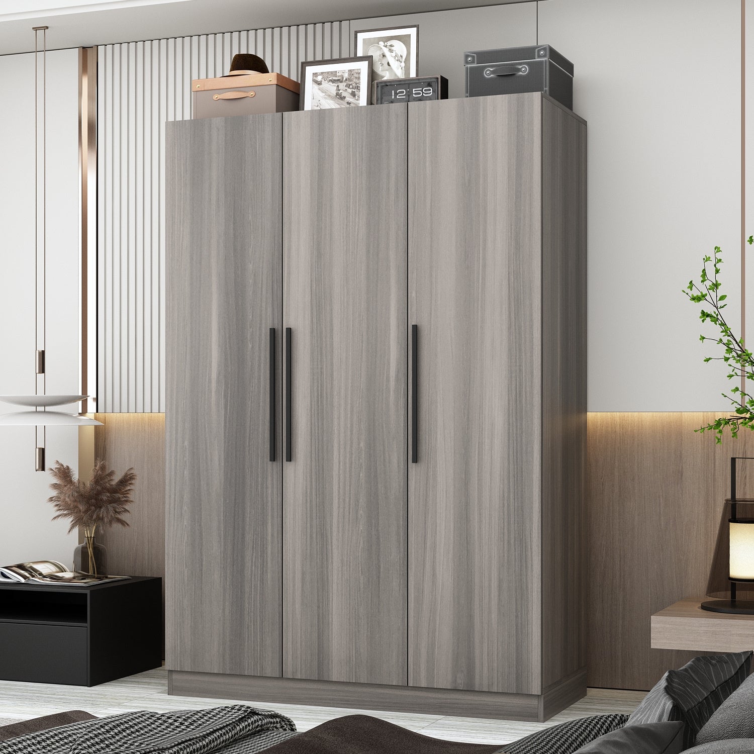 Modern 3-Door Wood Armoire Wardrobe Closet for Clothes Storage, with 6 Compartments And Hanging Rod, Wardrobe Closet with Handles for Bedroom, Large Storage Capacity, Grey Brown And White Styles