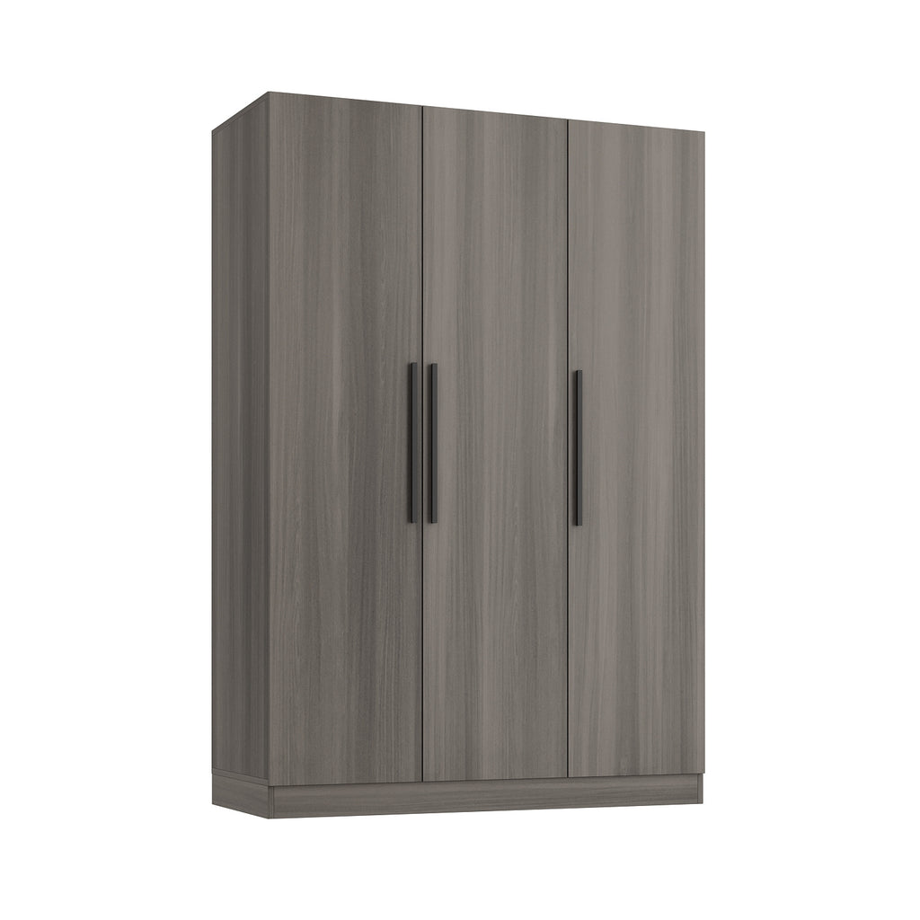 Modern 3-Door Wood Armoire Wardrobe Closet for Clothes Storage, with 6 Compartments And Hanging Rod, Wardrobe Closet with Handles for Bedroom, Large Storage Capacity, Grey Brown And White Styles