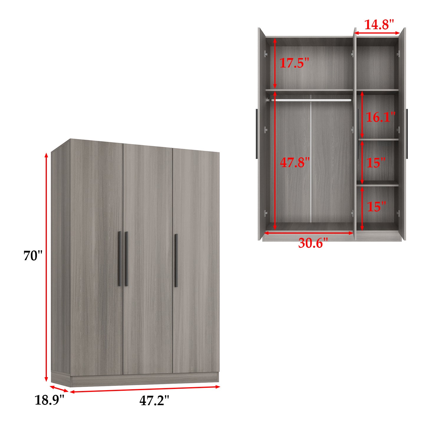 Modern 3-Door Wood Armoire Wardrobe Closet for Clothes Storage, with 6 Compartments And Hanging Rod, Wardrobe Closet with Handles for Bedroom, Large Storage Capacity, Grey Brown And White Styles