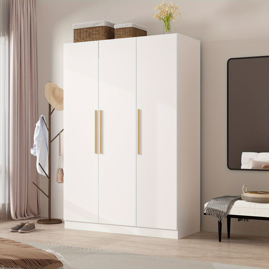 Modern 3-Door Wood Armoire Wardrobe Closet for Clothes Storage, with 6 Compartments And Hanging Rod, Wardrobe Closet with Handles for Bedroom, Large Storage Capacity, Grey Brown And White Styles