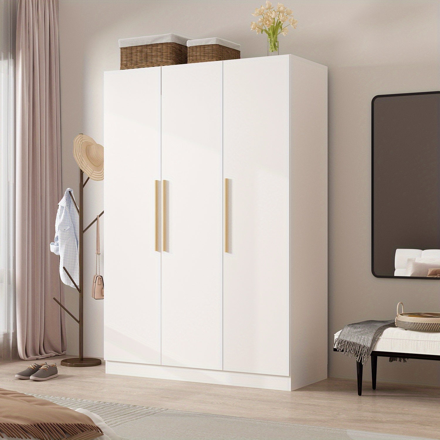 Modern 3-Door Wood Armoire Wardrobe Closet for Clothes Storage, with 6 Compartments And Hanging Rod, Wardrobe Closet with Handles for Bedroom, Large Storage Capacity, Grey Brown And White Styles