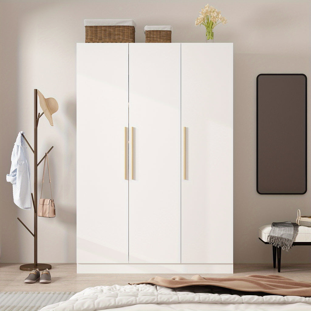 Modern 3-Door Wood Armoire Wardrobe Closet for Clothes Storage, with 6 Compartments And Hanging Rod, Wardrobe Closet with Handles for Bedroom, Large Storage Capacity, Grey Brown And White Styles