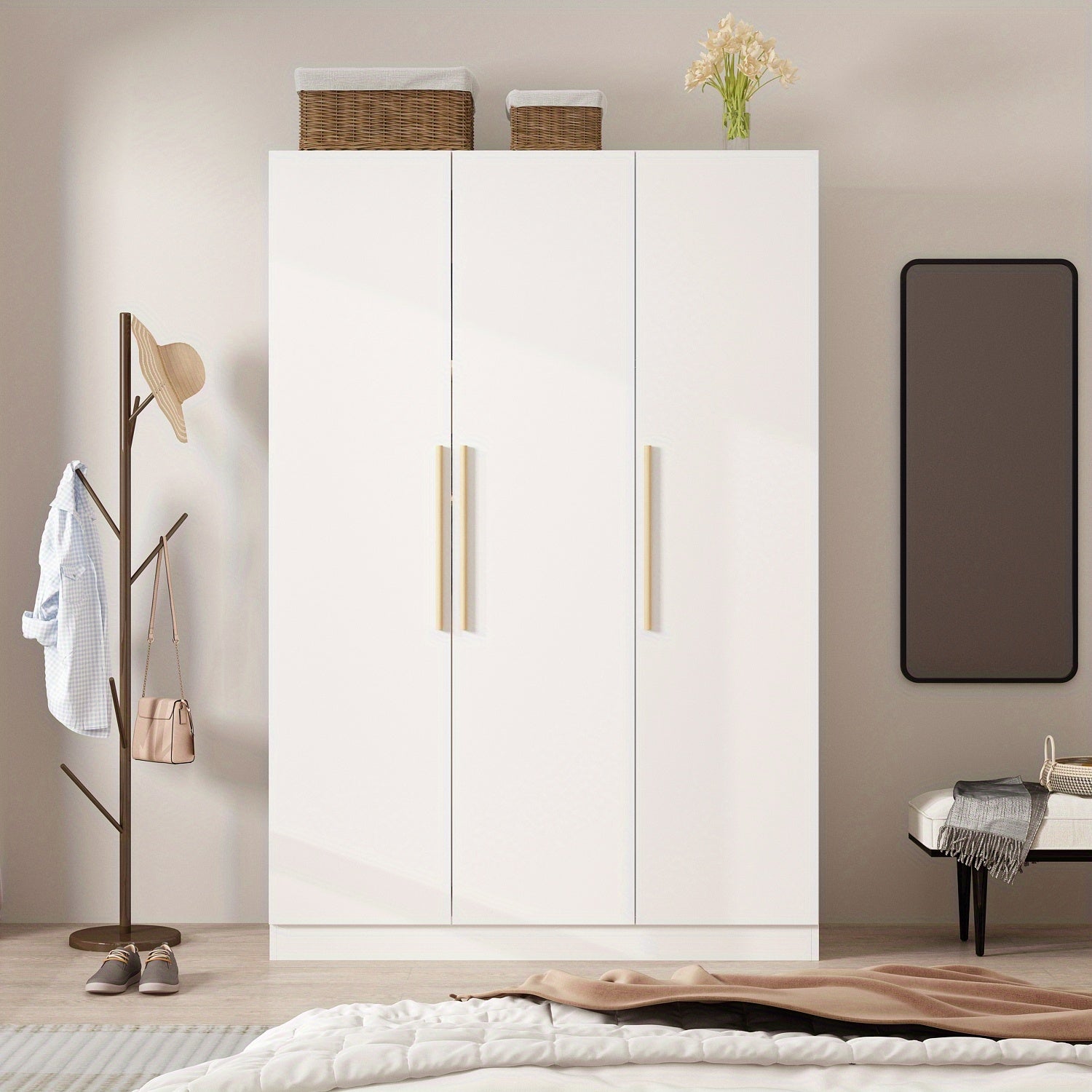 Modern 3-Door Wood Armoire Wardrobe Closet for Clothes Storage, with 6 Compartments And Hanging Rod, Wardrobe Closet with Handles for Bedroom, Large Storage Capacity, Grey Brown And White Styles