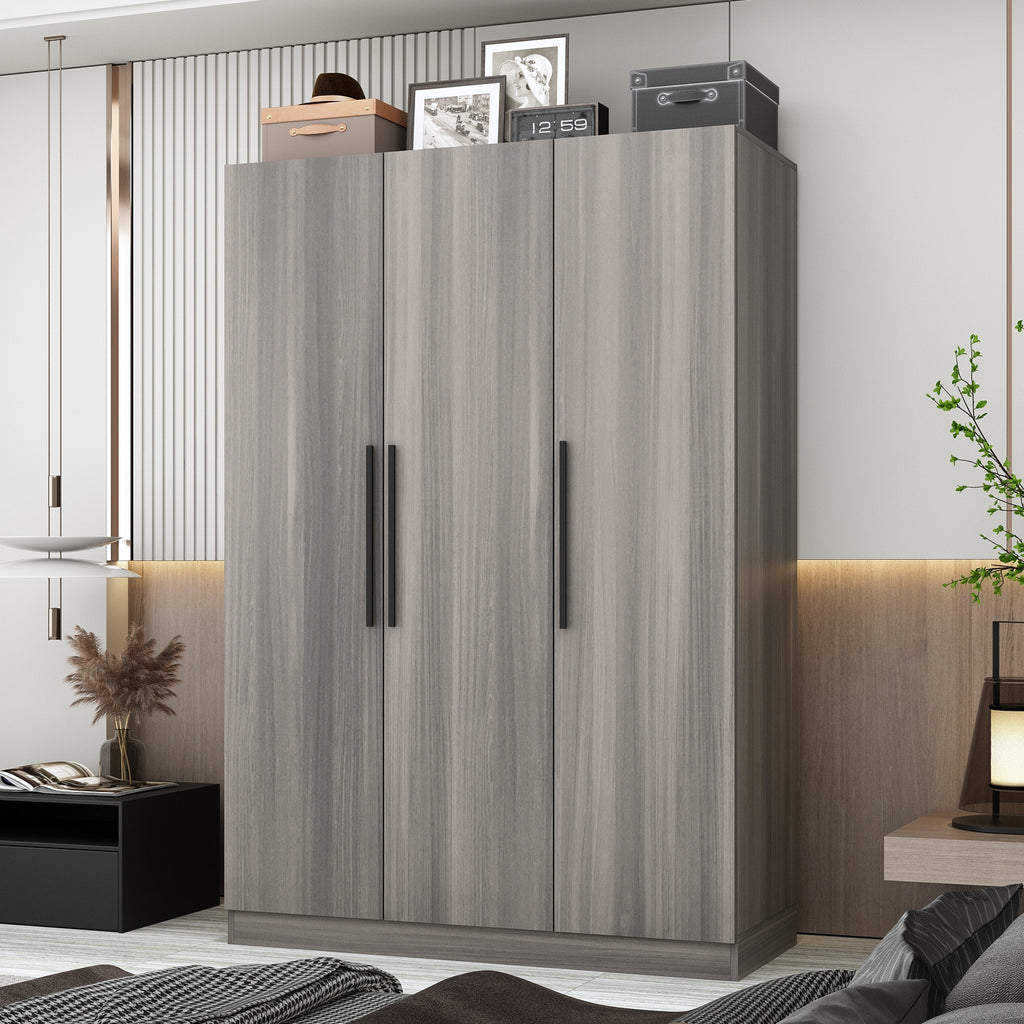 Modern 3-Door Wood Armoire Wardrobe Closet for Clothes Storage, with 6 Compartments And Hanging Rod, Wardrobe Closet with Handles for Bedroom, Large Storage Capacity, Grey Brown And White Styles