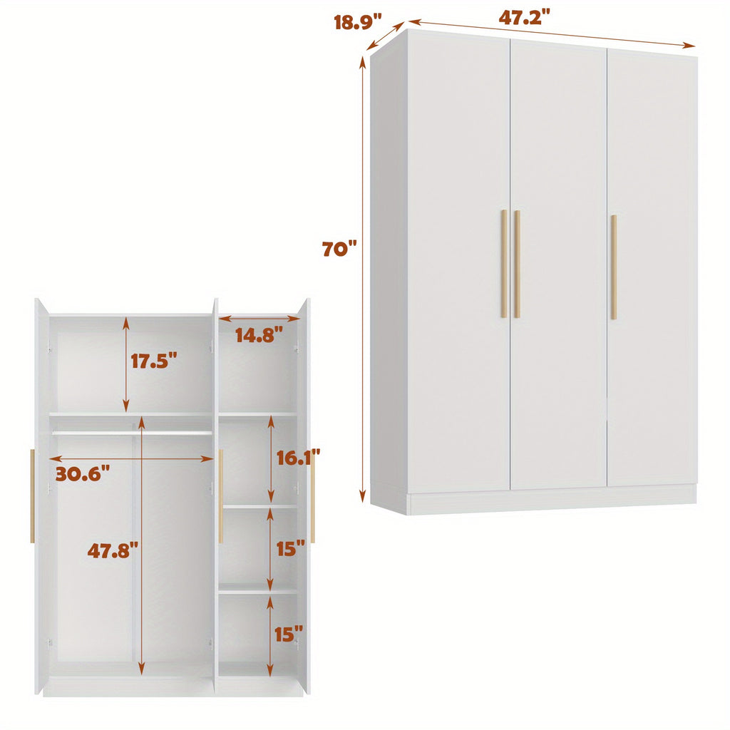 Contemporary Wooden Wardrobe with Three Doors, Designed for Clothing Storage, Featuring Six Compartments And a Hanging Rod. This Closet Includes Handles And Is Suitable for Bedrooms, Offering Ample Storage Space in Grey, Brown, And White Finishes