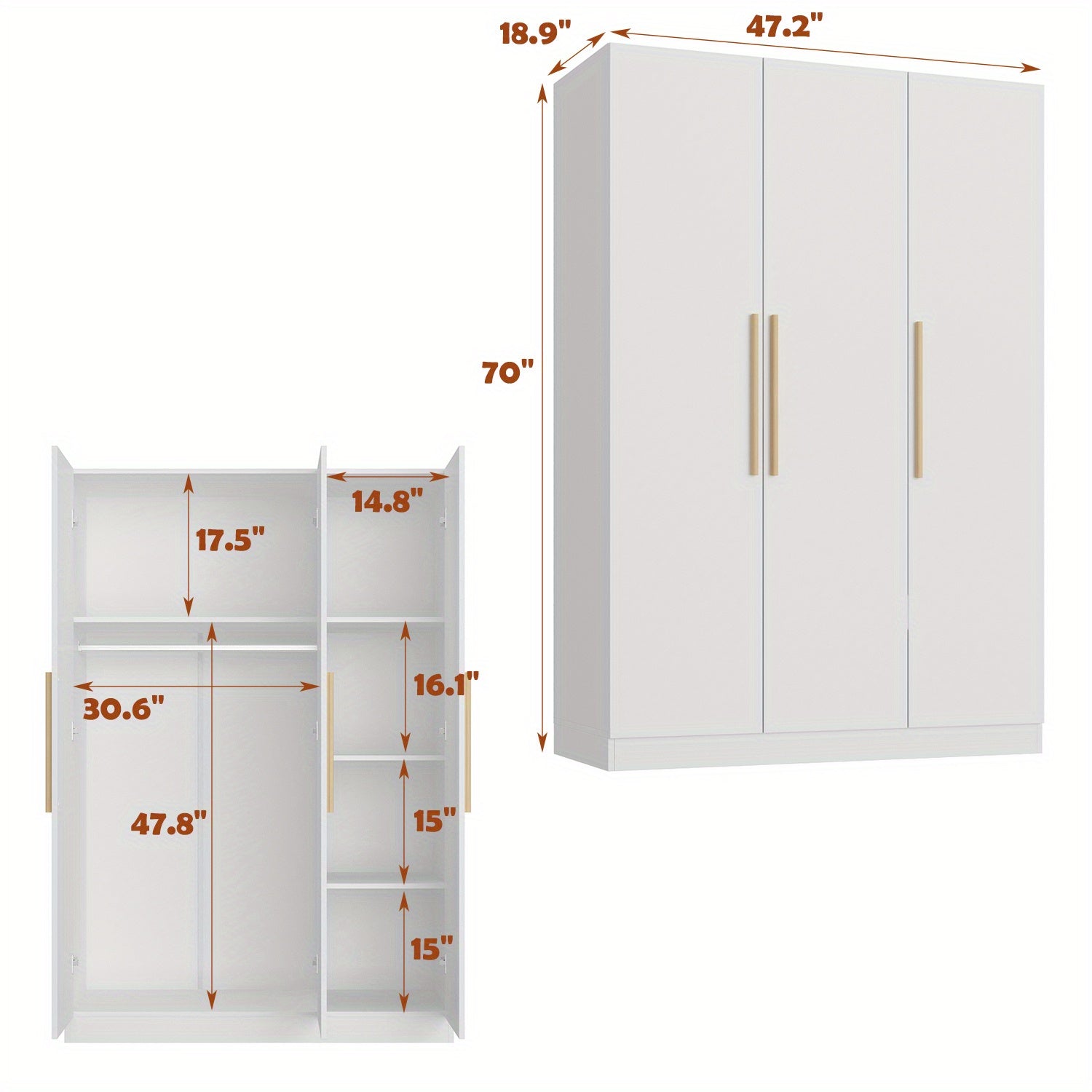 Contemporary Wooden Wardrobe with Three Doors, Designed for Clothing Storage, Featuring Six Compartments And a Hanging Rod. This Closet Includes Handles And Is Suitable for Bedrooms, Offering Ample Storage Space in Grey, Brown, And White Finishes