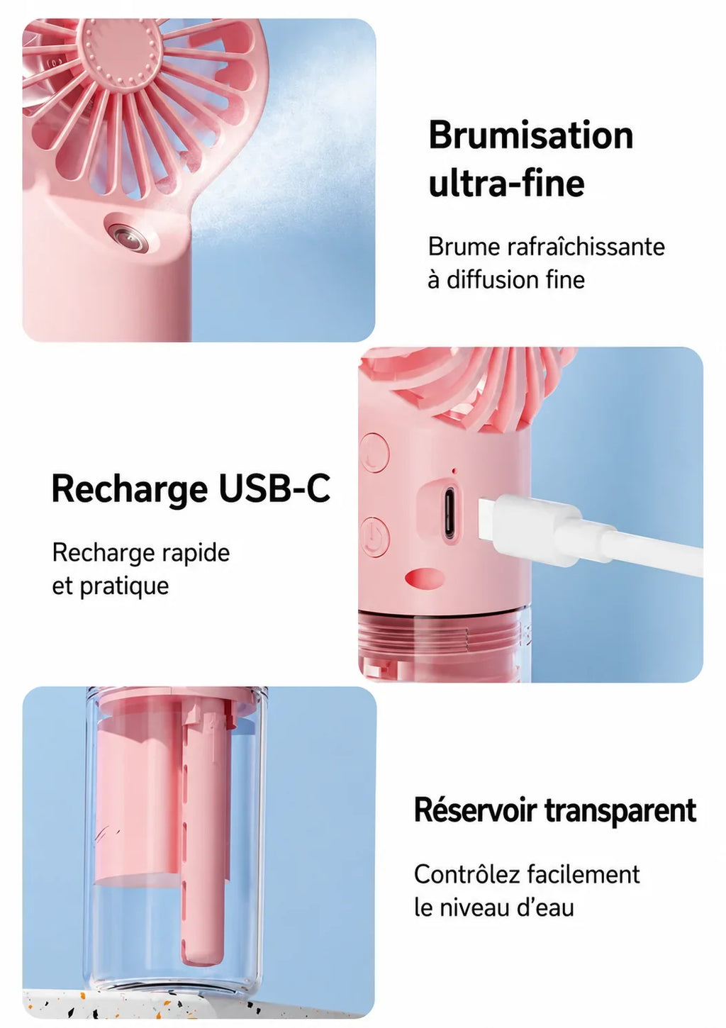 Ventilateur Brumisateur Portable – Mini Ventilateur Rafraîchissant à Main avec Réservoir d'Eau, Rechargeable USB