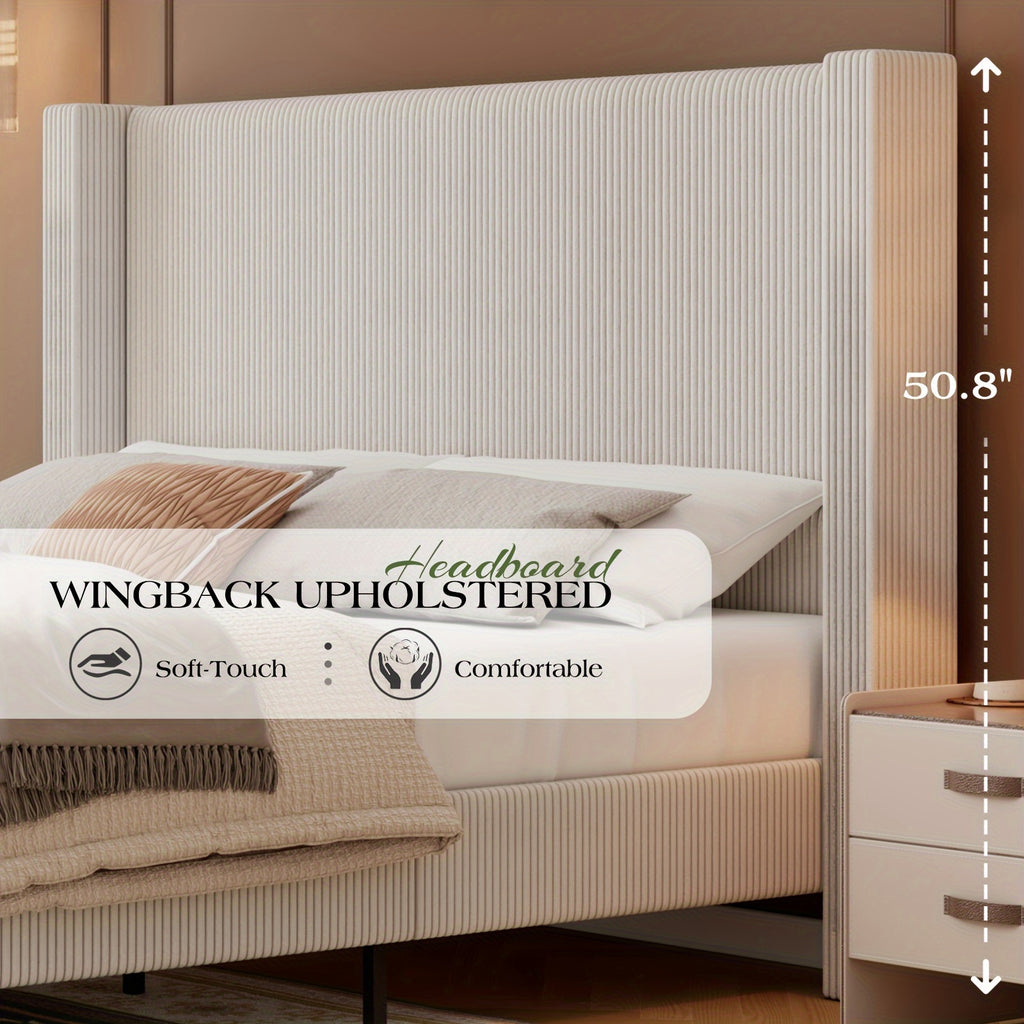 50.8 Inches High Upholstered Wingback Bed Frame - Robust Platform Featuring Solid Wood Legs And Corduroy Fabric, No Box Spring Required