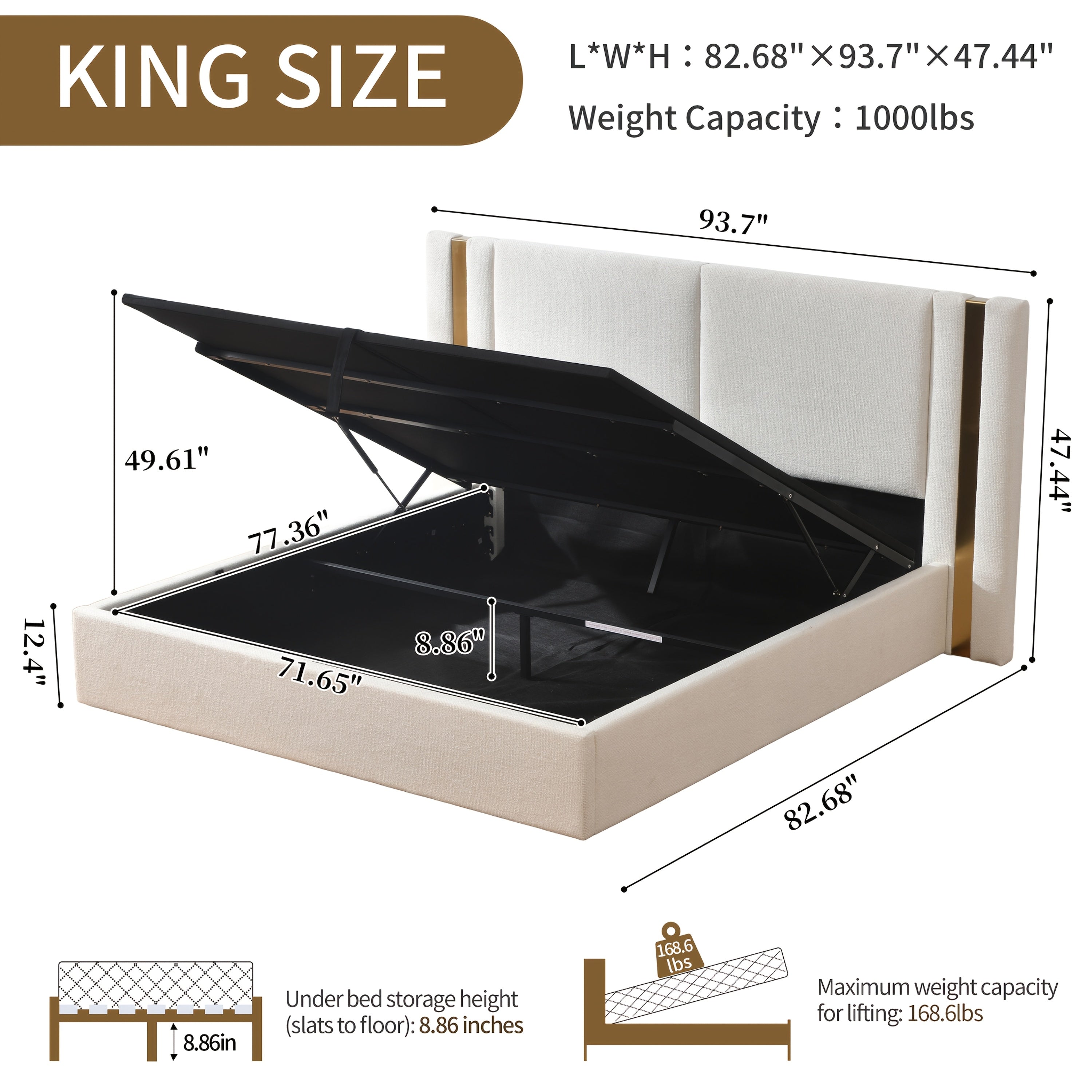 Platform Bed Frame in Queen Or King Size with a Lift-Up Feature for Ample Storage Beneath, Crafted from Wood, Eliminating The Need for a Box Spring, Easy to Assemble, Available in White Or Mink