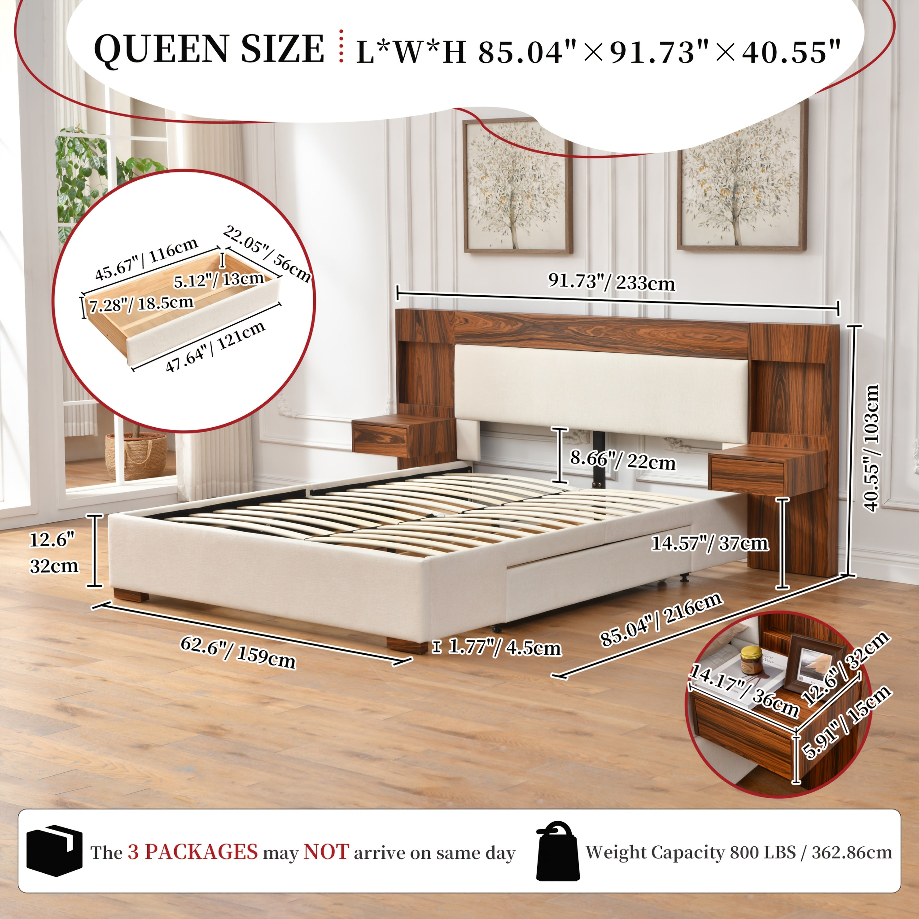 King\u002FQueen Size Wood Platform Bed Frame with Hotel-Style Linen Upholstered Headboard, Nightstands & 2 Large Drawers & Storage Headboard, Wood Slat Support, No Box Spring Needed, Easy Assembly, Ocher\u002FCream