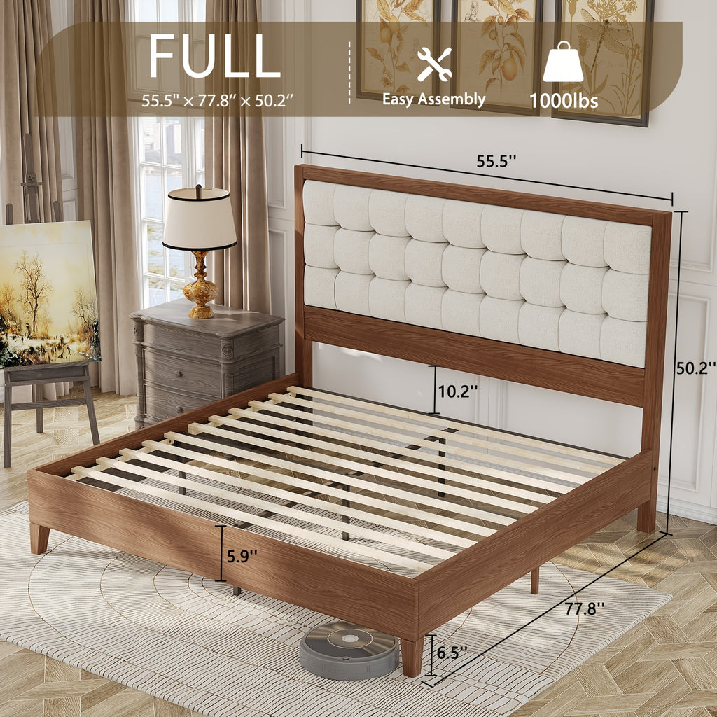 ALBOTT Mid-Century Solid Wood Bed with Padded Headboard And Wooden Slats Support, Box Spring Not Required