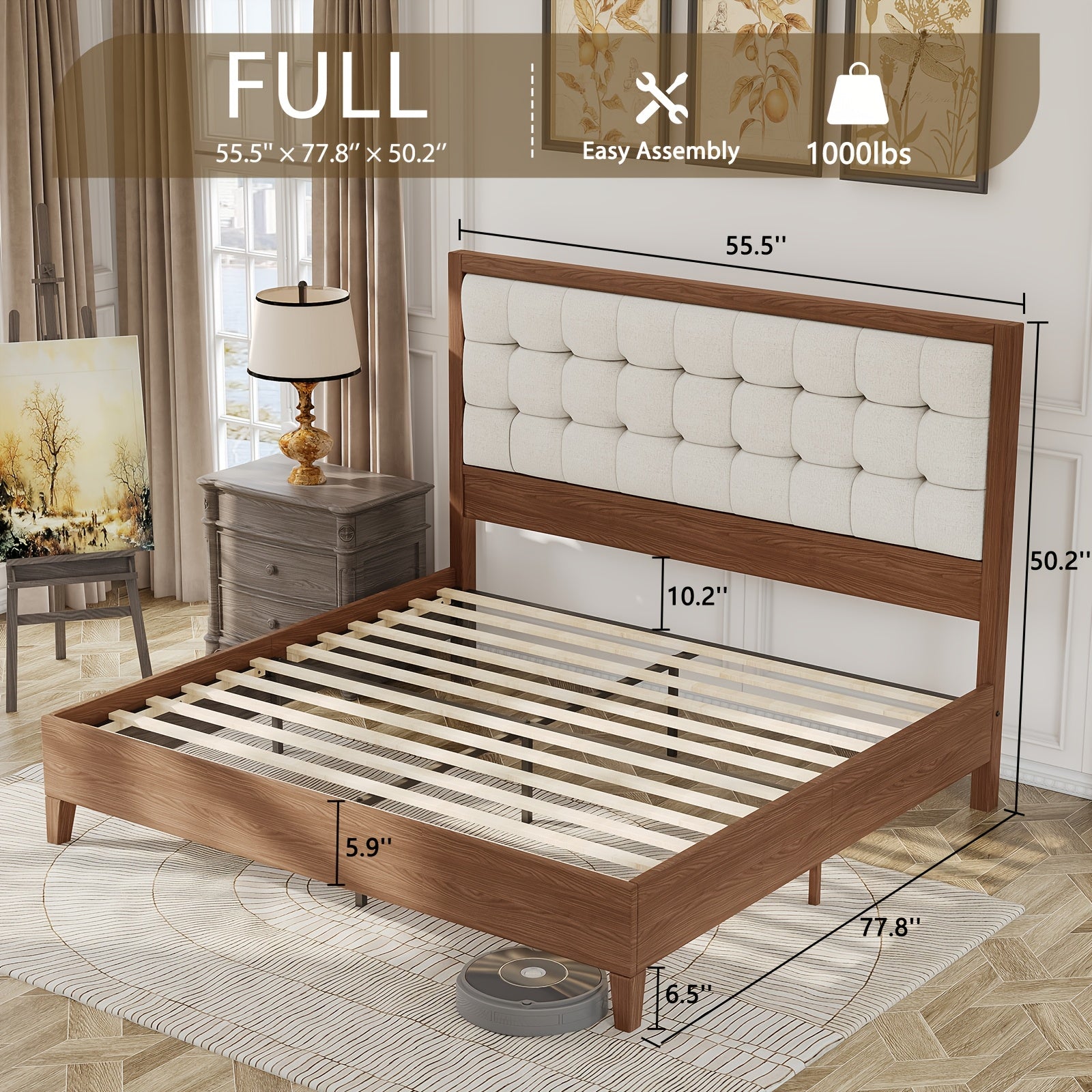 ALBOTT Mid-Century Solid Wood Bed with Padded Headboard And Wooden Slats Support, Box Spring Not Required