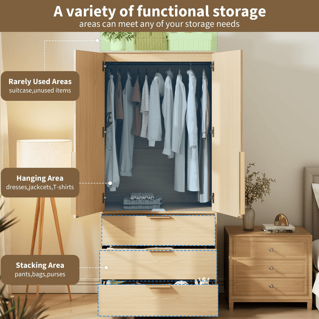 Large Capacity Wooden Wardrobe Cabinet with Rattan Doors, 69.5 in Armoire Closet Featuring 3 Drawers, Hanging Rod, And 2 Doors for Bedroom Clothing Storage, Natural End