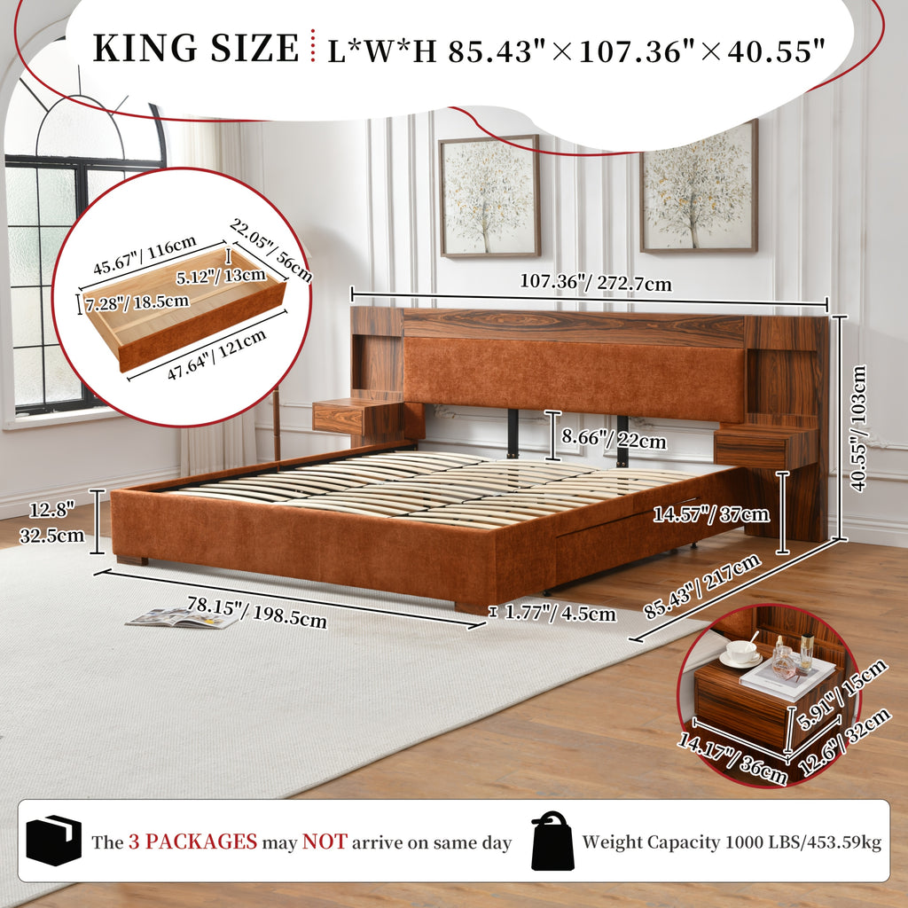 King\u002FQueen Size Wood Platform Bed Frame with Hotel-Style Linen Upholstered Headboard, Nightstands & 2 Large Drawers & Storage Headboard, Wood Slat Support, No Box Spring Needed, Easy Assembly, Ocher\u002FCream