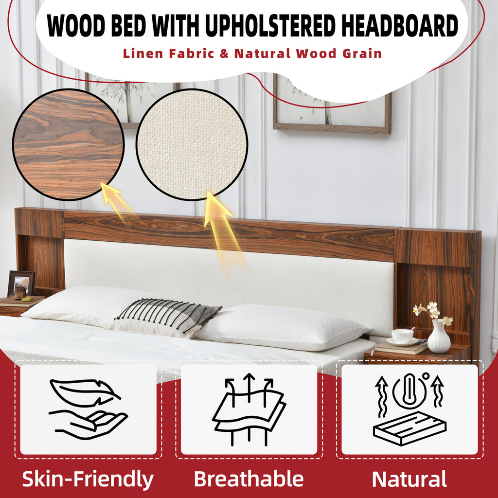 King\u002FQueen Size Wood Platform Bed Frame with Hotel-Style Linen Upholstered Headboard, Nightstands & 2 Large Drawers & Storage Headboard, Wood Slat Support, No Box Spring Needed, Easy Assembly, Ocher\u002FCream