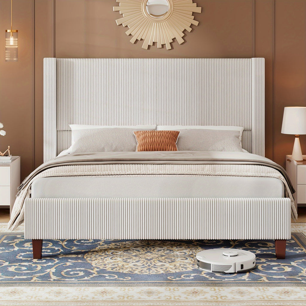 50.8 Inches High Upholstered Wingback Bed Frame - Robust Platform Featuring Solid Wood Legs And Corduroy Fabric, No Box Spring Required