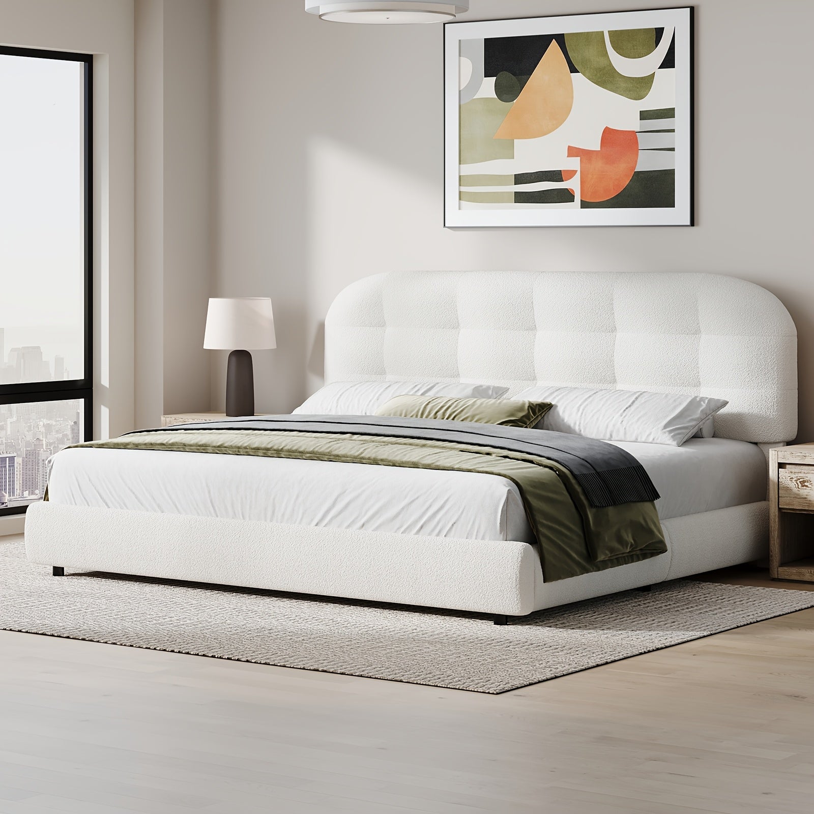 Hombck Twin Full Queen King Size Bed Frame, Upholstered Boucle Bed Frame King Size with Headboard, Soft Cloud Bed Frame with Thickened Footboard, Rounded Corners, No Box Spring Required, Easy Assembly, Cream\u002FWhite