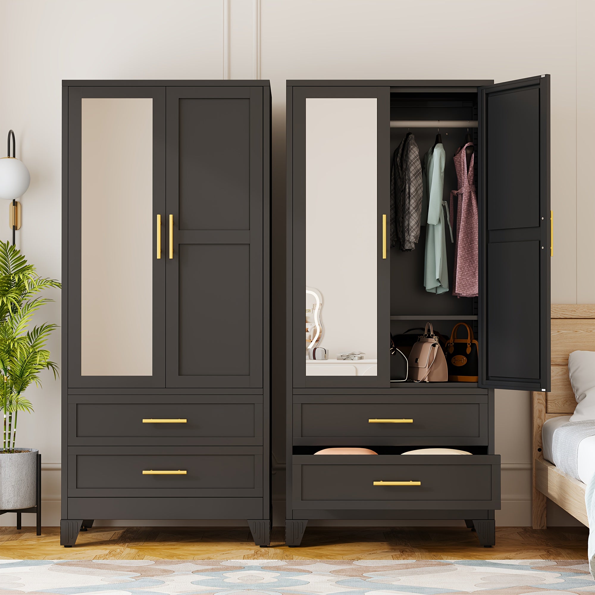 71 Inch Metal Wardrobe with Mirror, 2 Drawers, Adjustable Shelves And Hangers, Clothing Storage Cabinet for Bedroom