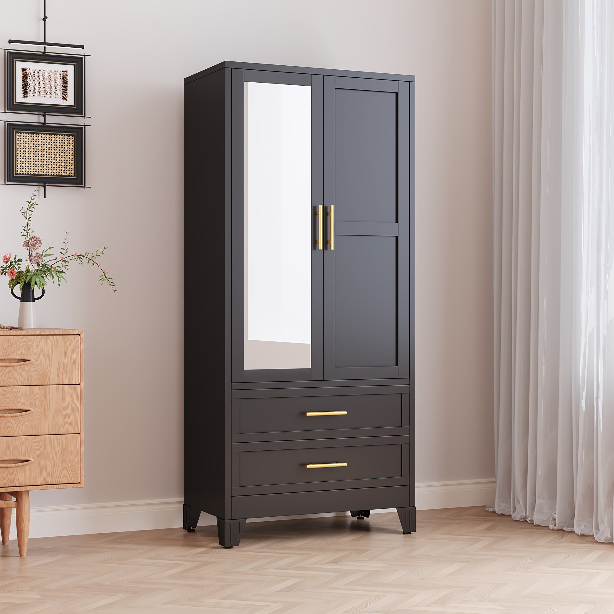 71 Inch Metal Wardrobe with Mirror, 2 Drawers, Adjustable Shelves And Hangers, Clothing Storage Cabinet for Bedroom