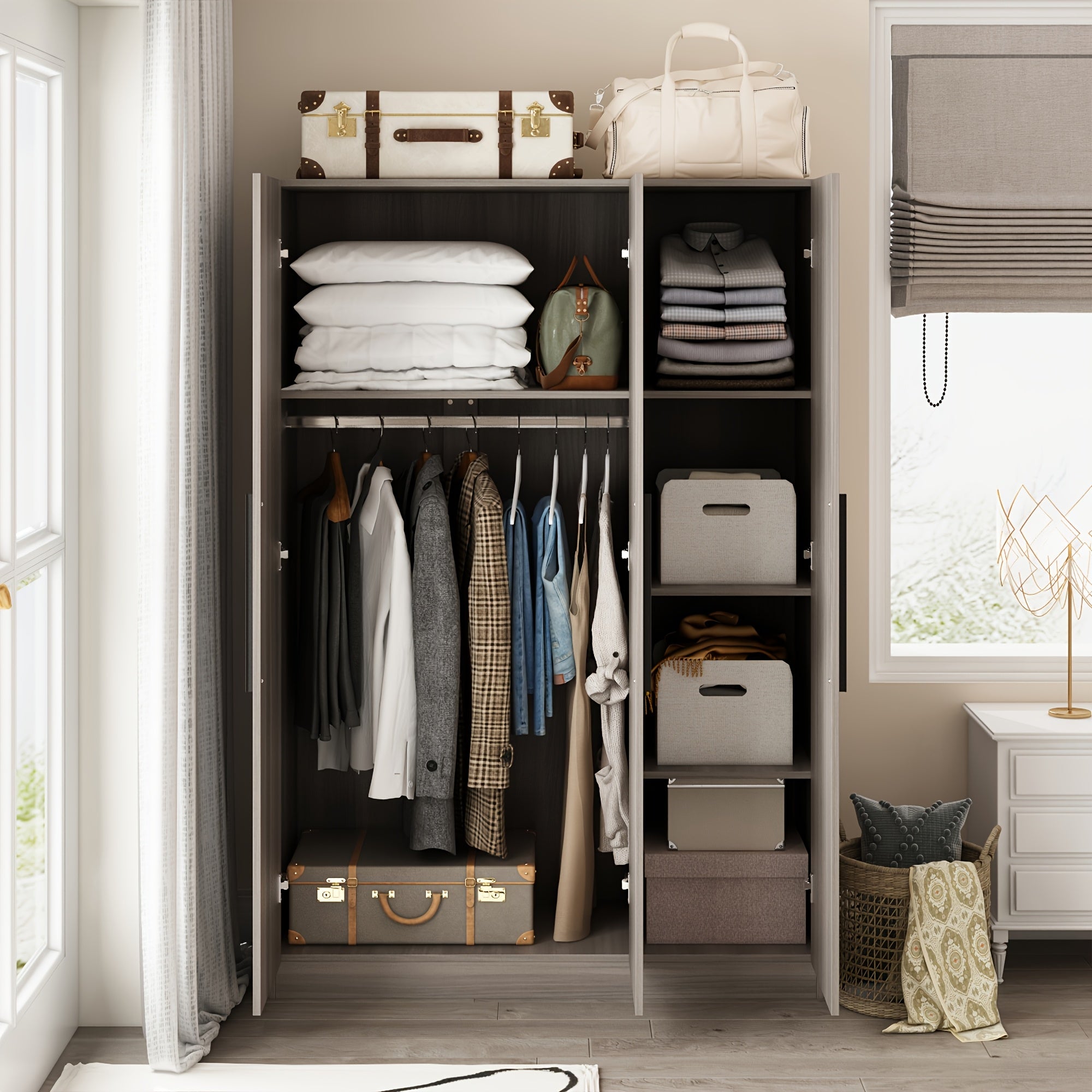 Contemporary Wooden Wardrobe with Three Doors, Designed for Clothing Storage, Featuring Six Compartments And a Hanging Rod. This Closet Includes Handles And Is Suitable for Bedrooms, Offering Ample Storage Space in Grey, Brown, And White Finishes