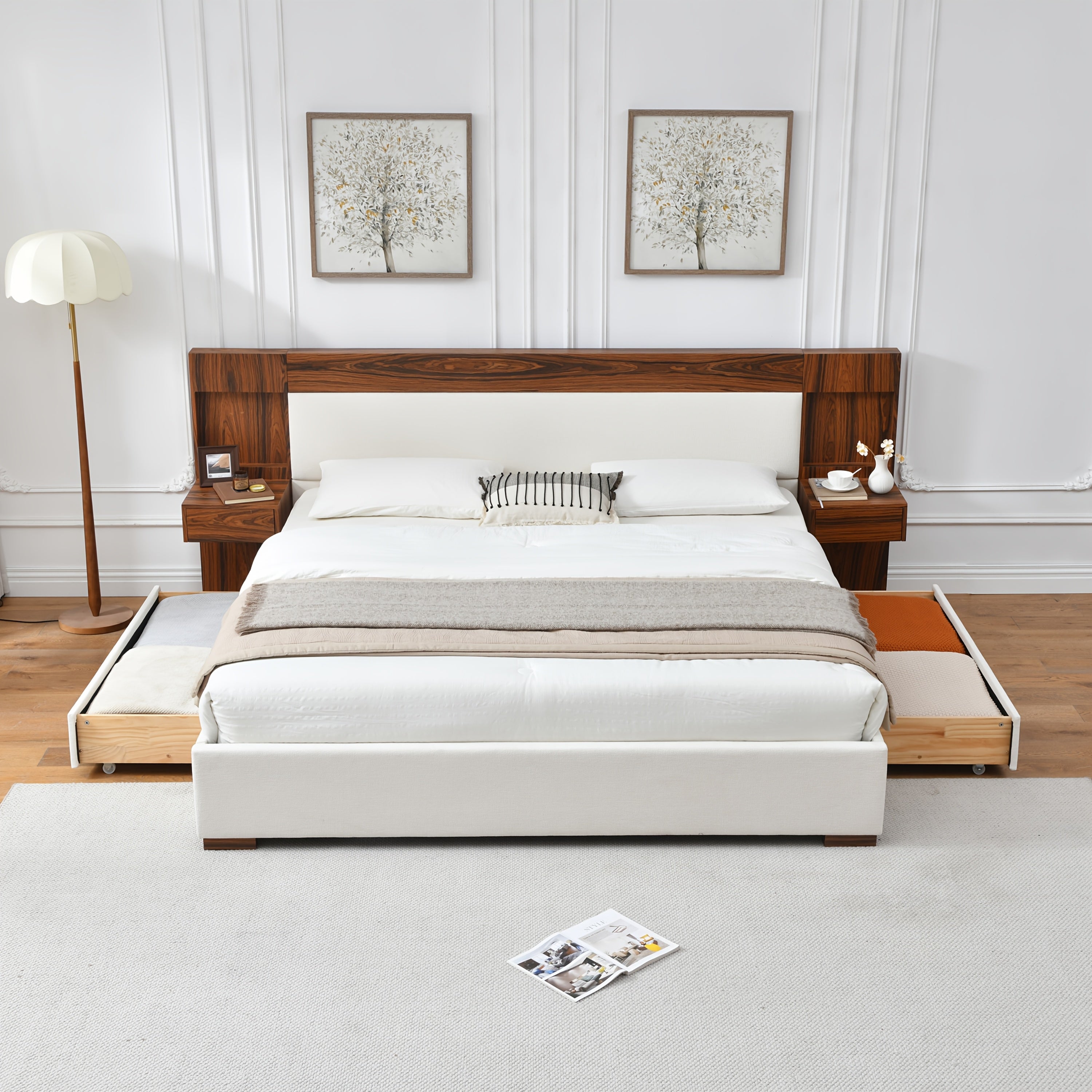 King\u002FQueen Size Wood Platform Bed Frame with Hotel-Style Linen Upholstered Headboard, Nightstands & 2 Large Drawers & Storage Headboard, Wood Slat Support, No Box Spring Needed, Easy Assembly, Ocher\u002FCream