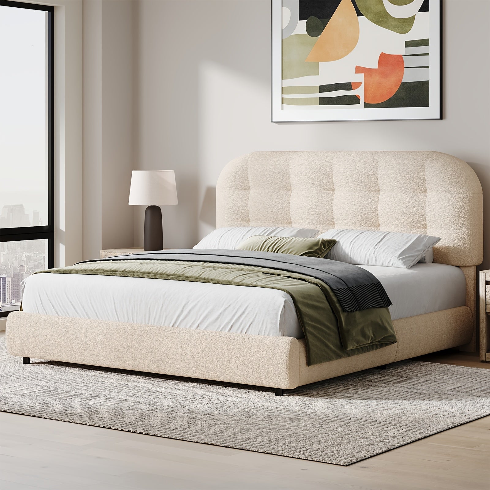 Hombck Twin Full Queen King Size Bed Frame, Upholstered Boucle Bed Frame King Size with Headboard, Soft Cloud Bed Frame with Thickened Footboard, Rounded Corners, No Box Spring Required, Easy Assembly, Cream\u002FWhite