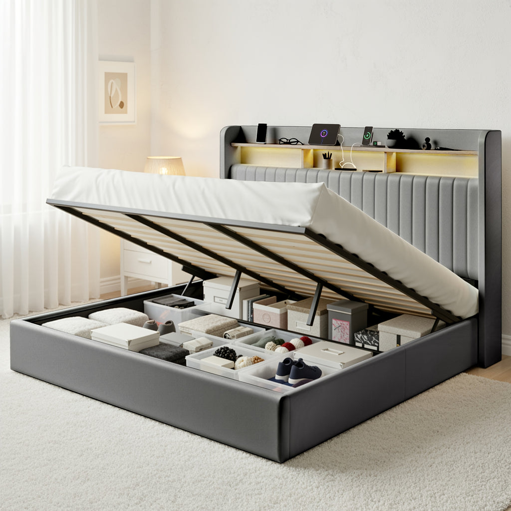 WEEWAY Elevate Storage Bed Frame, Plush Vertical Channel Headboard, LED Lighting And Charging Hub, Hydraulic Assistance, Silent Wooden Slats, No Box Spring Required, Bedroom Furnishings, Master Suite, Guest Room, Available in White, Black, Cream