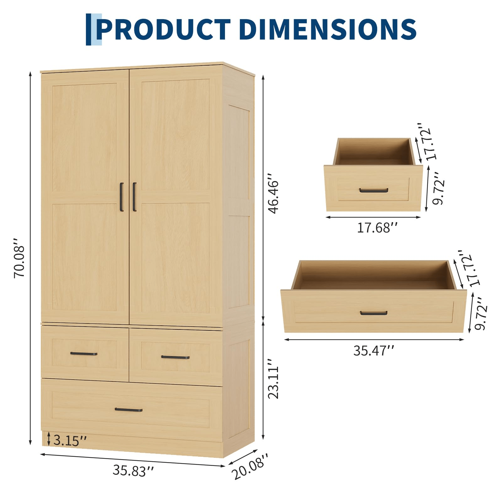 Storage Cabinets, 70-Inch Freestanding Wooden Wardrobe Closet for Bedroom, able Design with Hanging Rod and 3 Deep Storage Drawers for Organized Clothing, Durable Storage Cabinet for Bedroom, Living Room, or Entryway Home Decor Room Decor