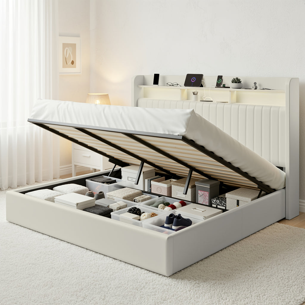 WEEWAY Elevate Storage Bed Frame, Plush Vertical Channel Headboard, LED Lighting And Charging Hub, Hydraulic Assistance, Silent Wooden Slats, No Box Spring Required, Bedroom Furnishings, Master Suite, Guest Room, Available in White, Black, Cream