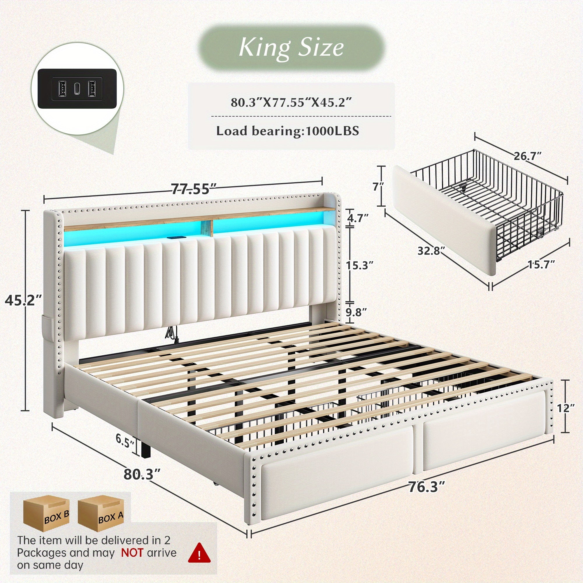 EnHomee Full&Queen&King Size, Bed Frame With 2-Tier Storage Headboard, With Charging Station, LED Light Platform Bed Frame, 2 Storage Drawers For Storing, Sturdy Wooden Slats Support, Noise-Free, No Box Spring Needed, Beige