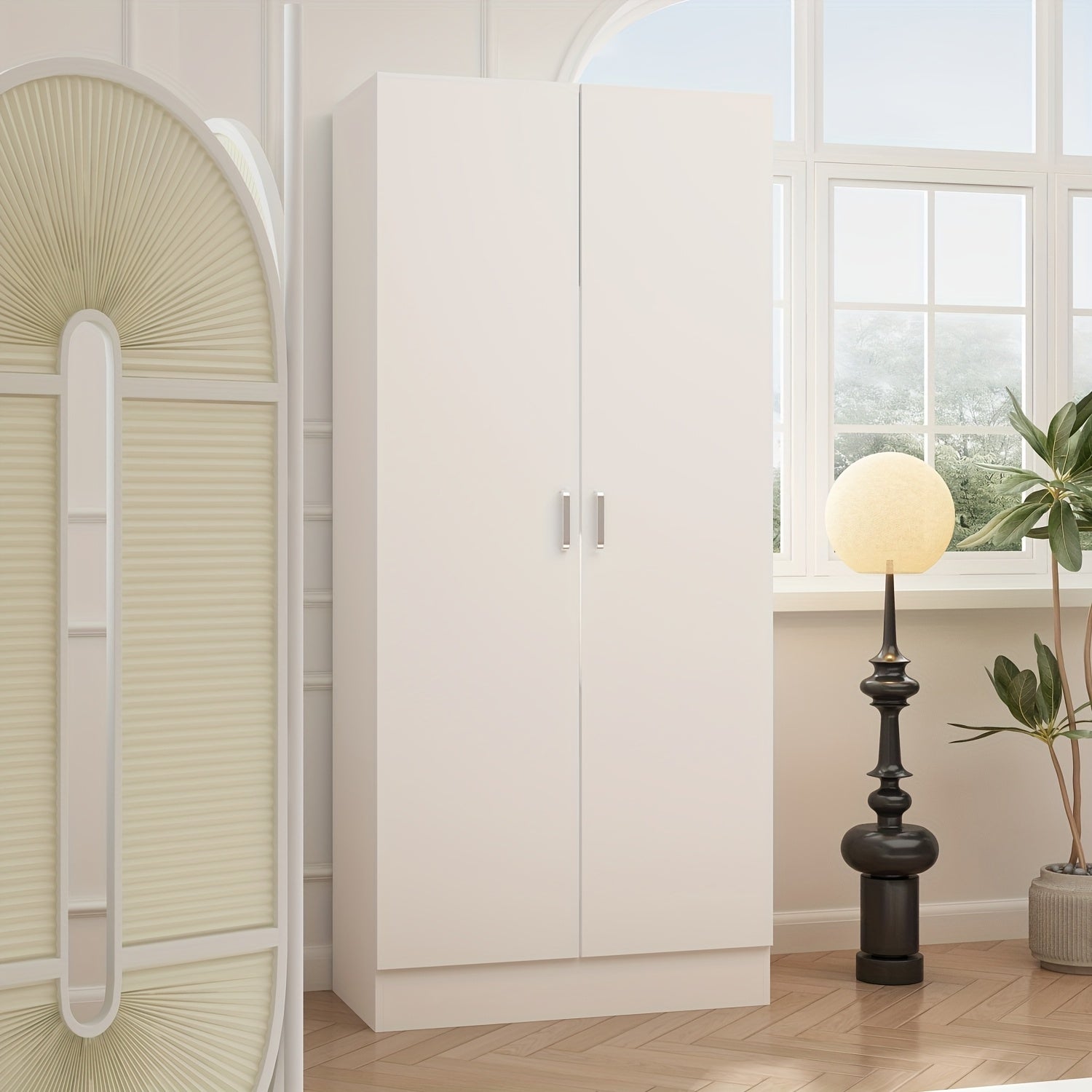 Elegant Wardrobe Armoire Closet with 2 Doors, Freestanding Wardrobe Cabinet with Storage Shelves & Hanging Rod, Bedroom Clothes Cabinet Organizer, White