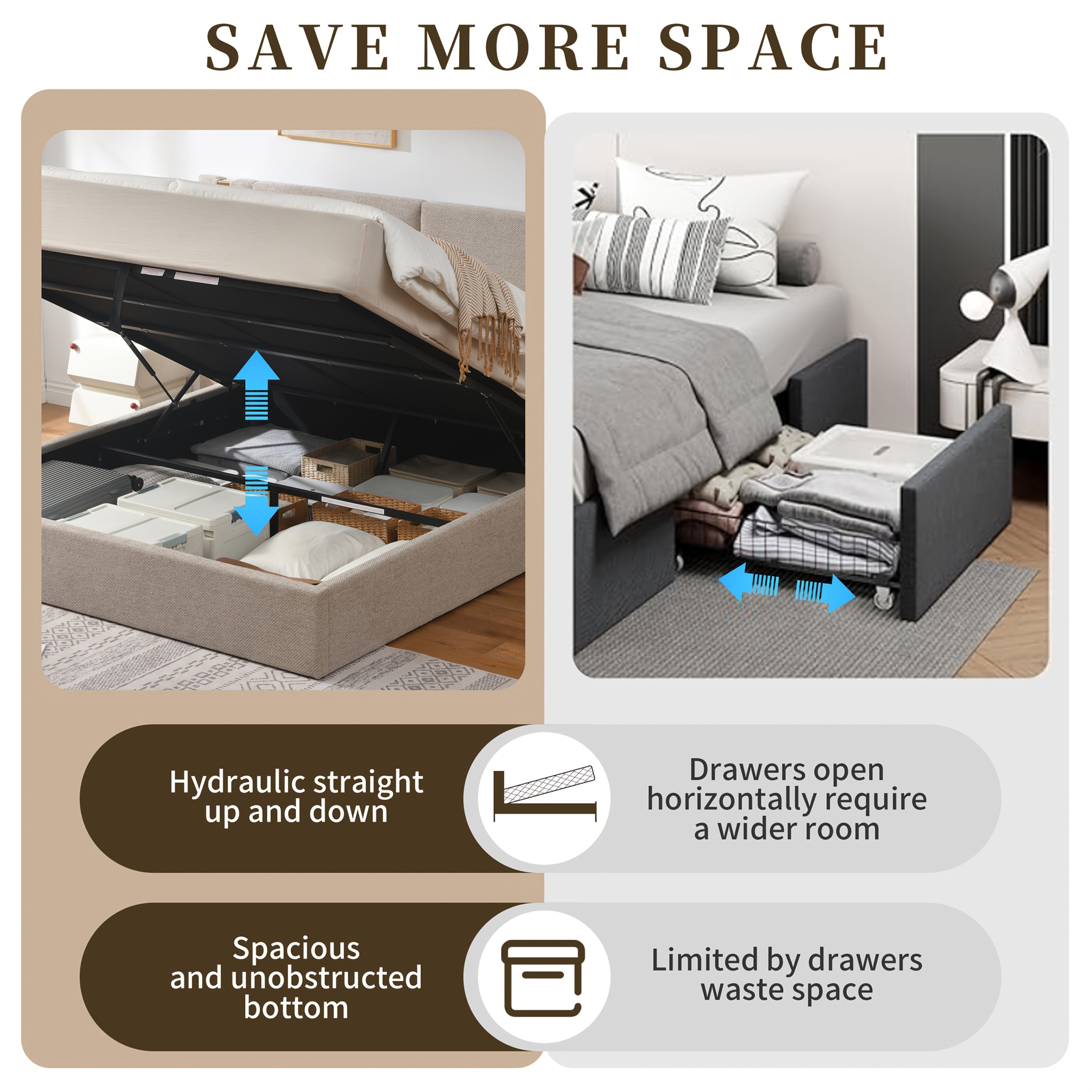 Platform Bed Frame in Queen Or King Size with a Lift-Up Feature for Ample Storage Beneath, Crafted from Wood, Eliminating The Need for a Box Spring, Easy to Assemble, Available in White Or Mink