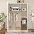 Contemporary Wooden Wardrobe with Three Doors, Designed for Clothing Storage, Featuring Six Compartments And a Hanging Rod. This Closet Includes Handles And Is Suitable for Bedrooms, Offering Ample Storage Space in Grey, Brown, And White Finishes