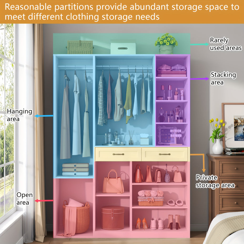 Bedroom Tall Wardrobe with Adjustable Shelves And 2 Drawers, Armoire Wardrobe Closet with 2 Hanging Rods, Wooden Bedroom Closet for Home Room, White Large Armoires with Storage Compartment, 81\