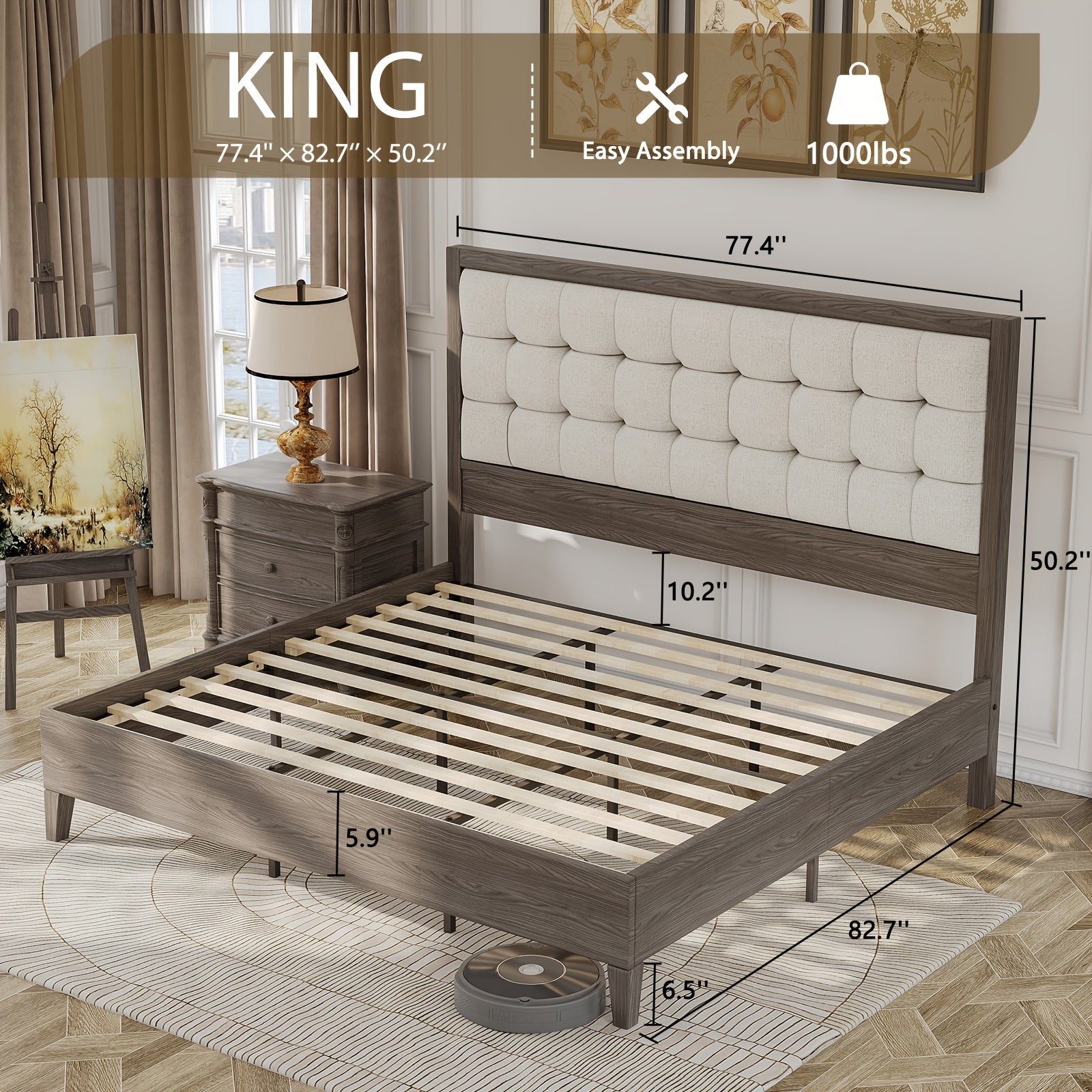 ALBOTT Mid-Century Solid Wood Bed with Padded Headboard And Wooden Slats Support, Box Spring Not Required