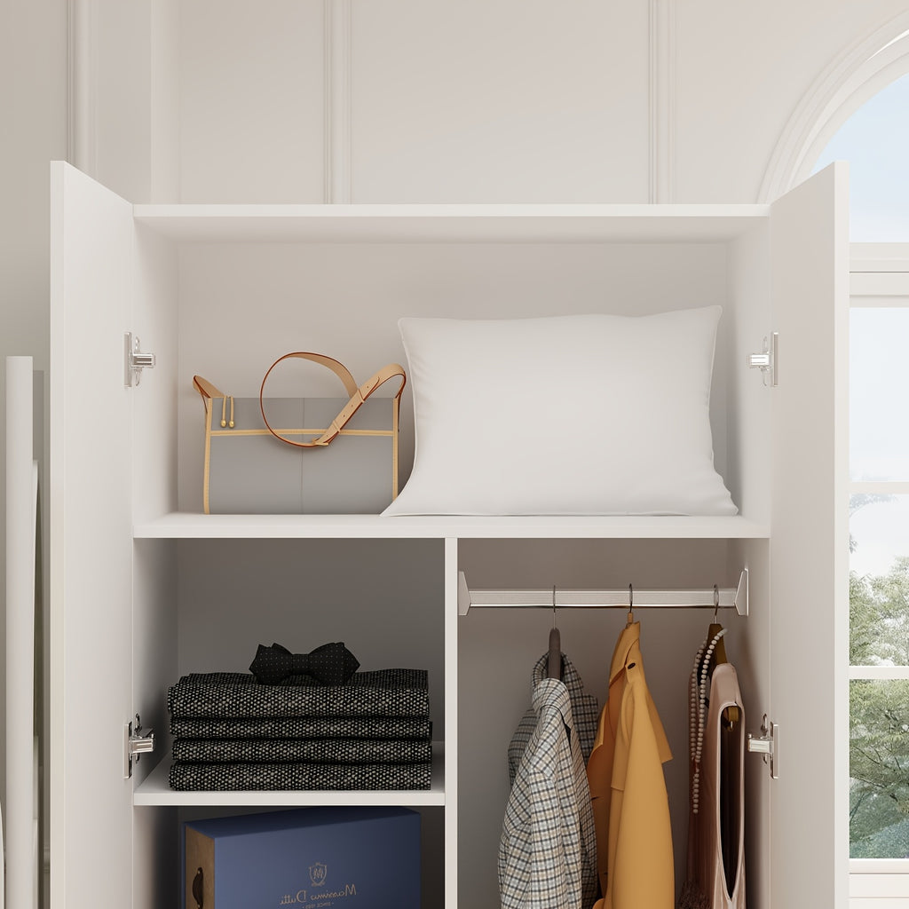 Elegant Wardrobe Armoire Closet with 2 Doors, Freestanding Wardrobe Cabinet with Storage Shelves & Hanging Rod, Bedroom Clothes Cabinet Organizer, White
