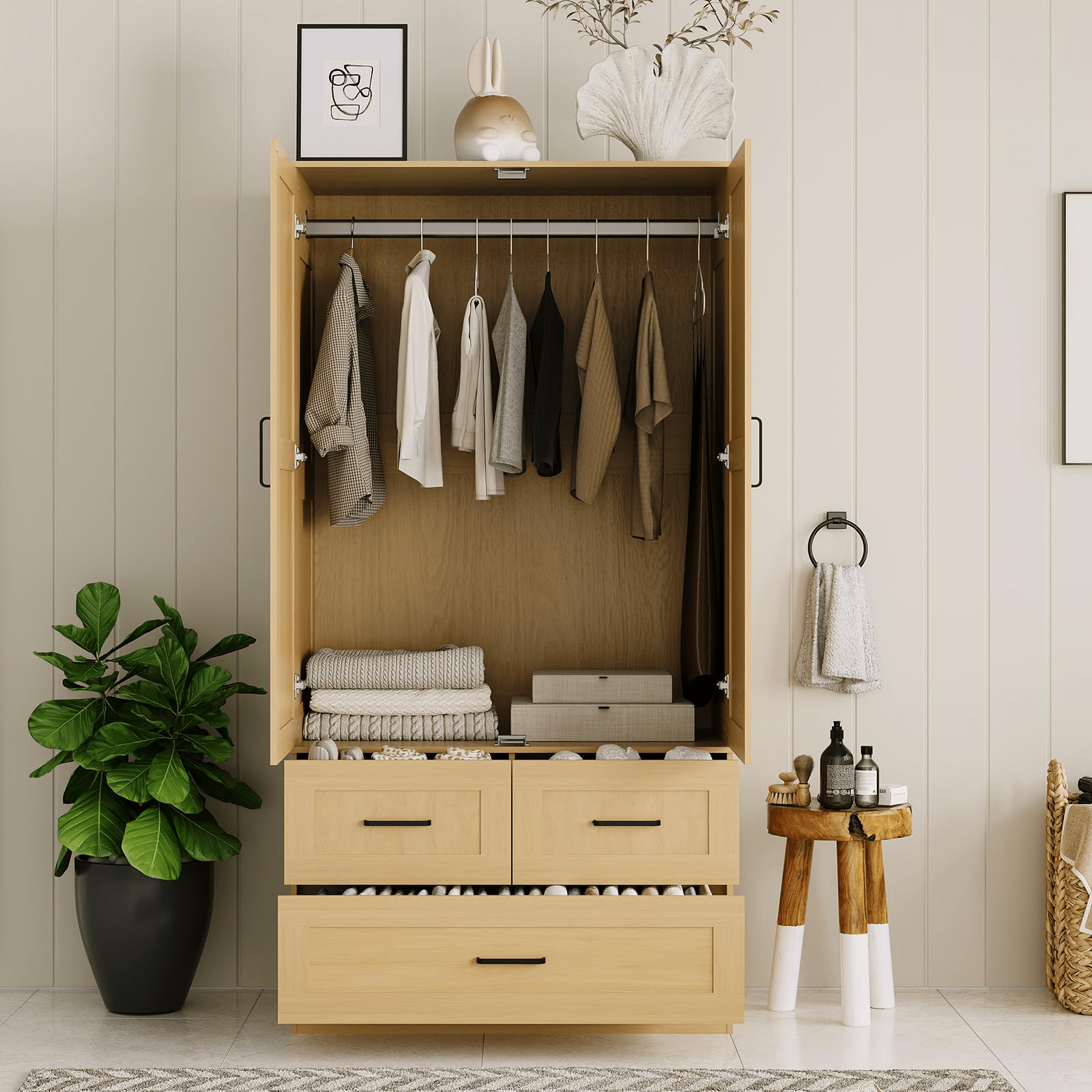Storage Cabinets, 70-Inch Freestanding Wooden Wardrobe Closet for Bedroom, able Design with Hanging Rod and 3 Deep Storage Drawers for Organized Clothing, Durable Storage Cabinet for Bedroom, Living Room, or Entryway Home Decor Room Decor