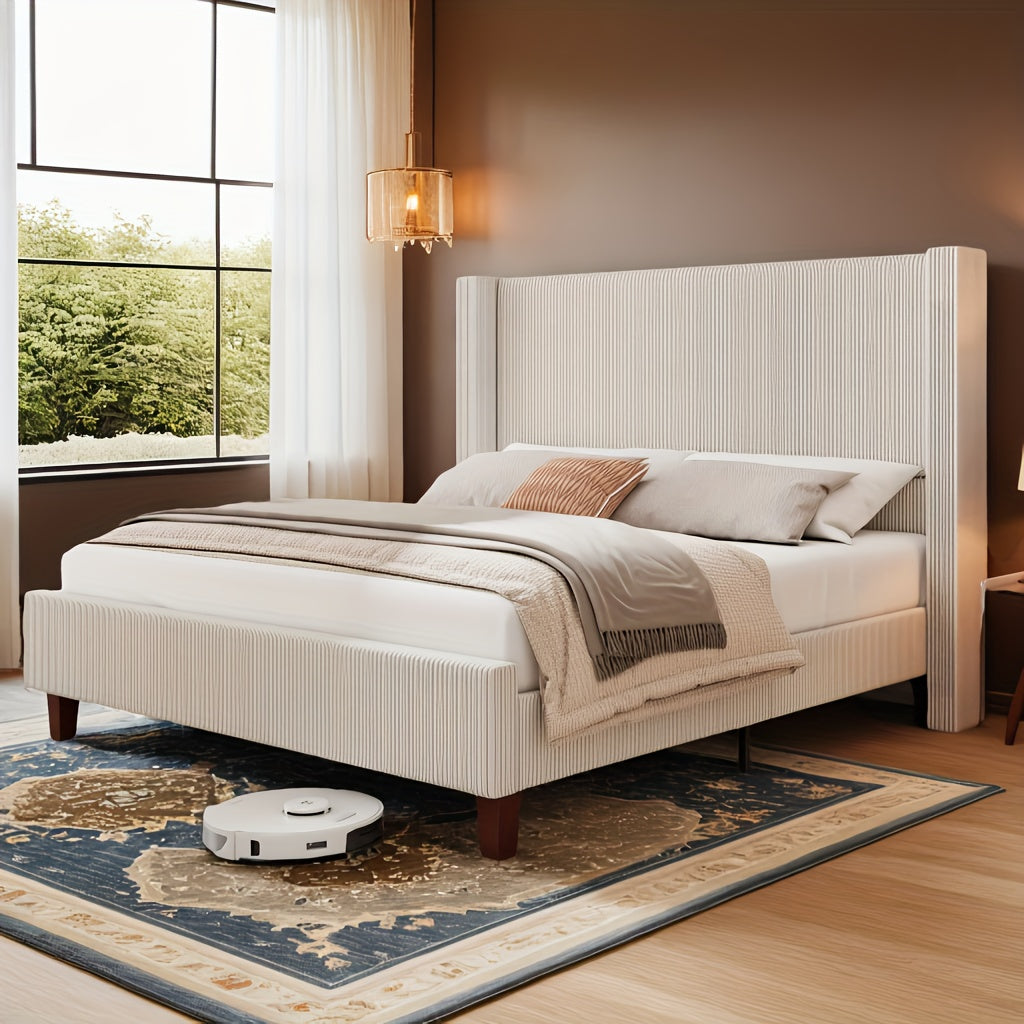 50.8 Inches High Upholstered Wingback Bed Frame - Robust Platform Featuring Solid Wood Legs And Corduroy Fabric, No Box Spring Required